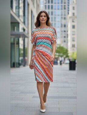 new directions Chevron Midi Dress in Coral, Teal & White